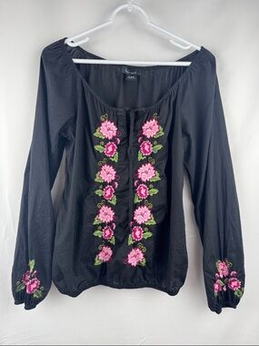 Karen Kane Black Pink Floral Embroidered Peasant Top Shirt Size M